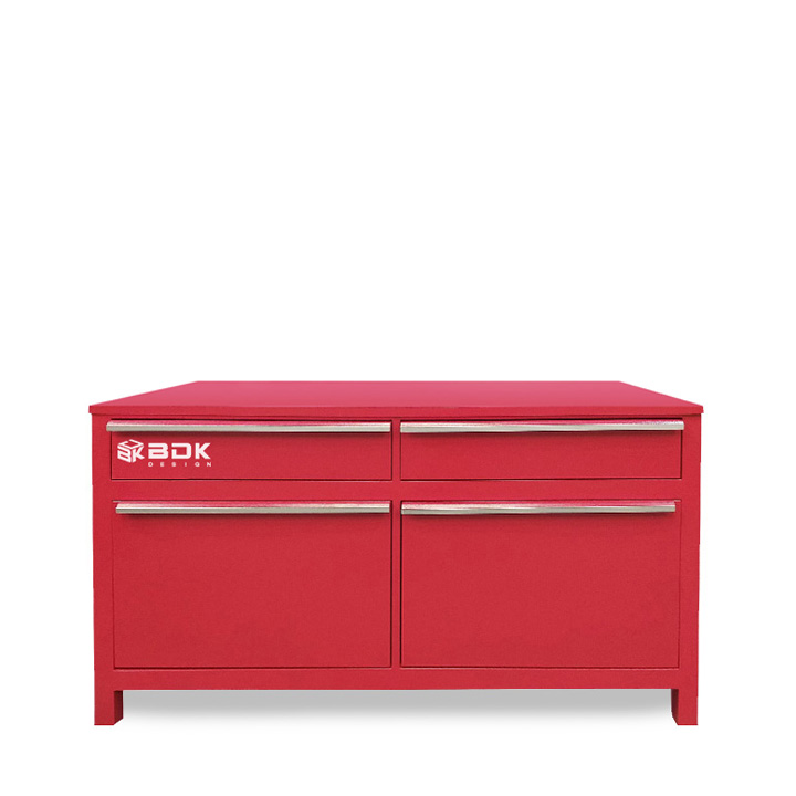 Banco de chapa industrial con cajones y superficie de chapa galvanizada - Modelo BTG 100- Marca BDK Design - Color rojo