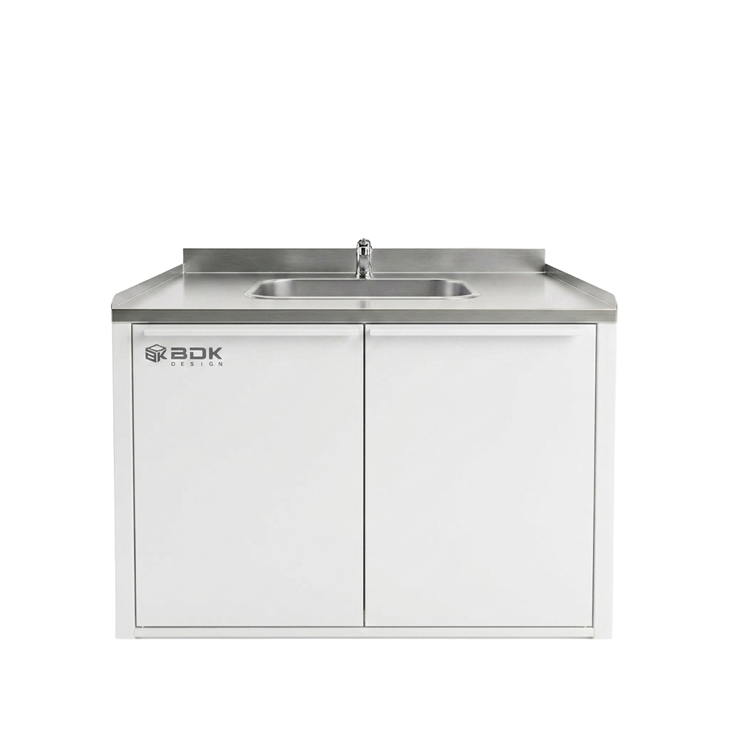 Banco de trabajo con bacha de lavado y superificie de acero inoxisable - Modelo BTE2600 - Marca BDK Design - Color blanco