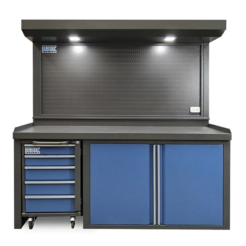 Banco de trabajo de chapa con tablero para herramientas y cajonera movil BDKD Design