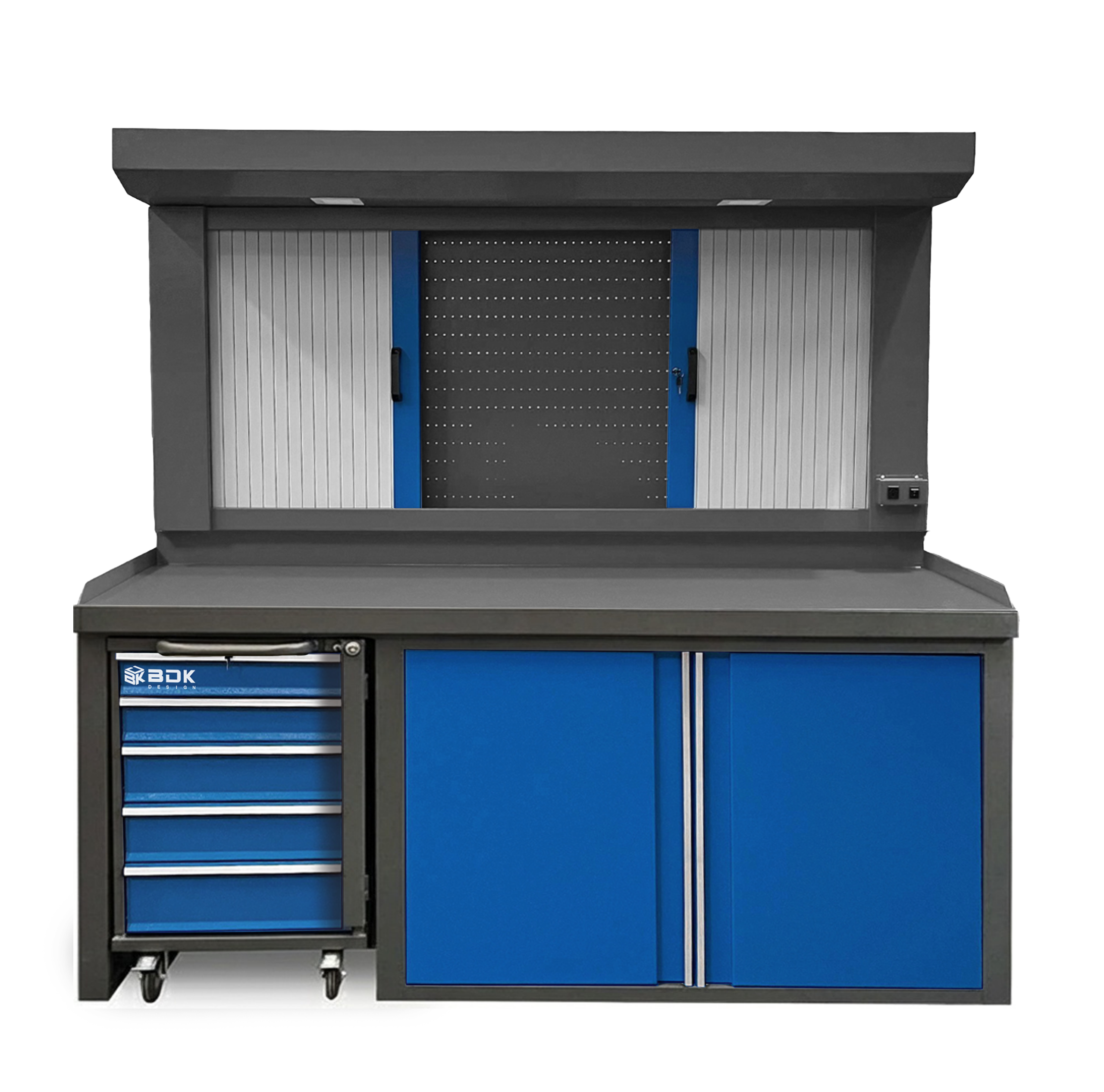 Banco de trabajo de chapa con tablero para herramientas y cajonera movil - Modelo BPF 840 TC - Marca BDKD Design - Color combinado