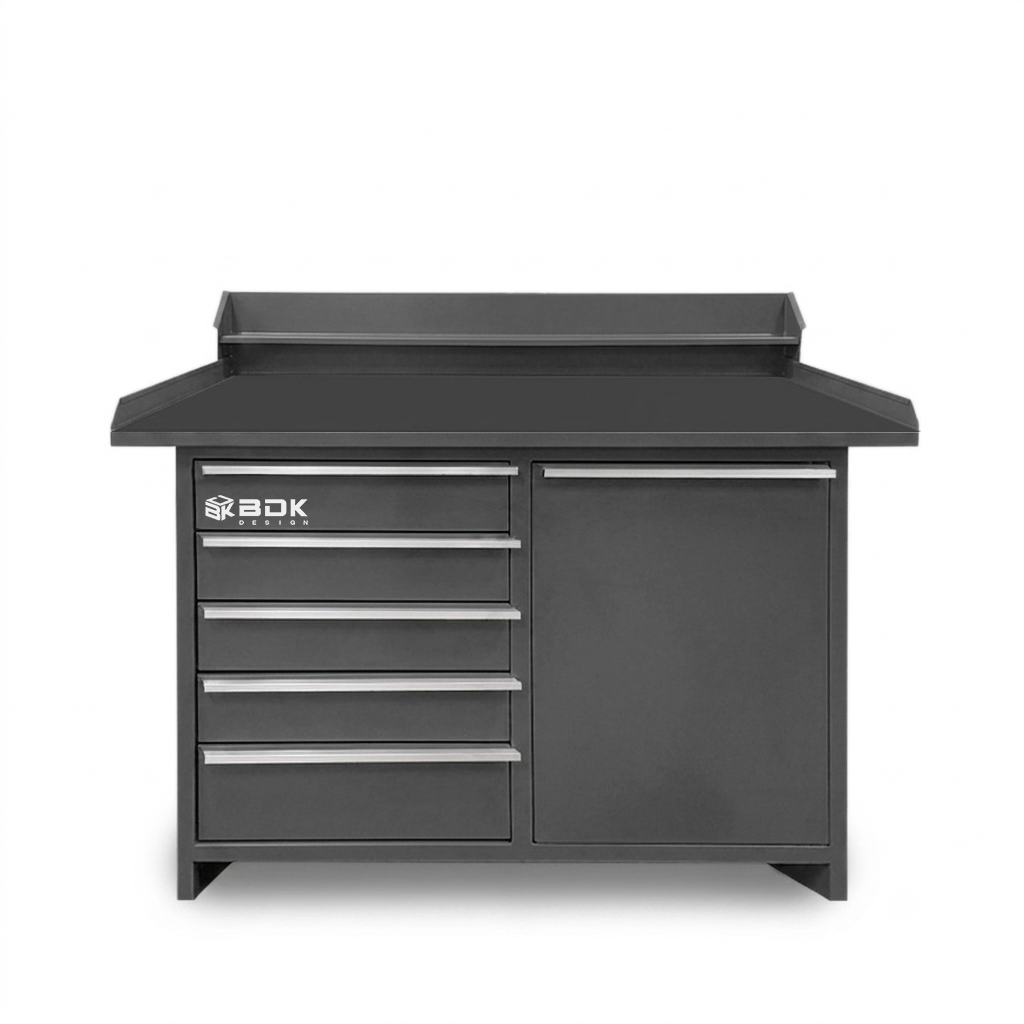 Banco de trabajo metálico de calidad con cajones y puerta. Modelo BTD350 - Marca BDK Design. Color gris medio-