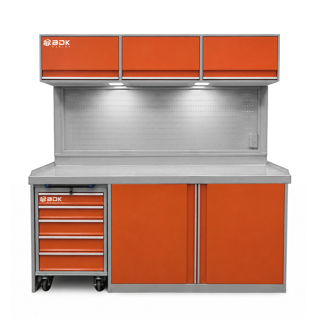 Banco de trabajo de chapa con alacena, tablero abierto y cajonera Movil. Marca BDK Design. Modelo BPF 850 CM. Color combinado