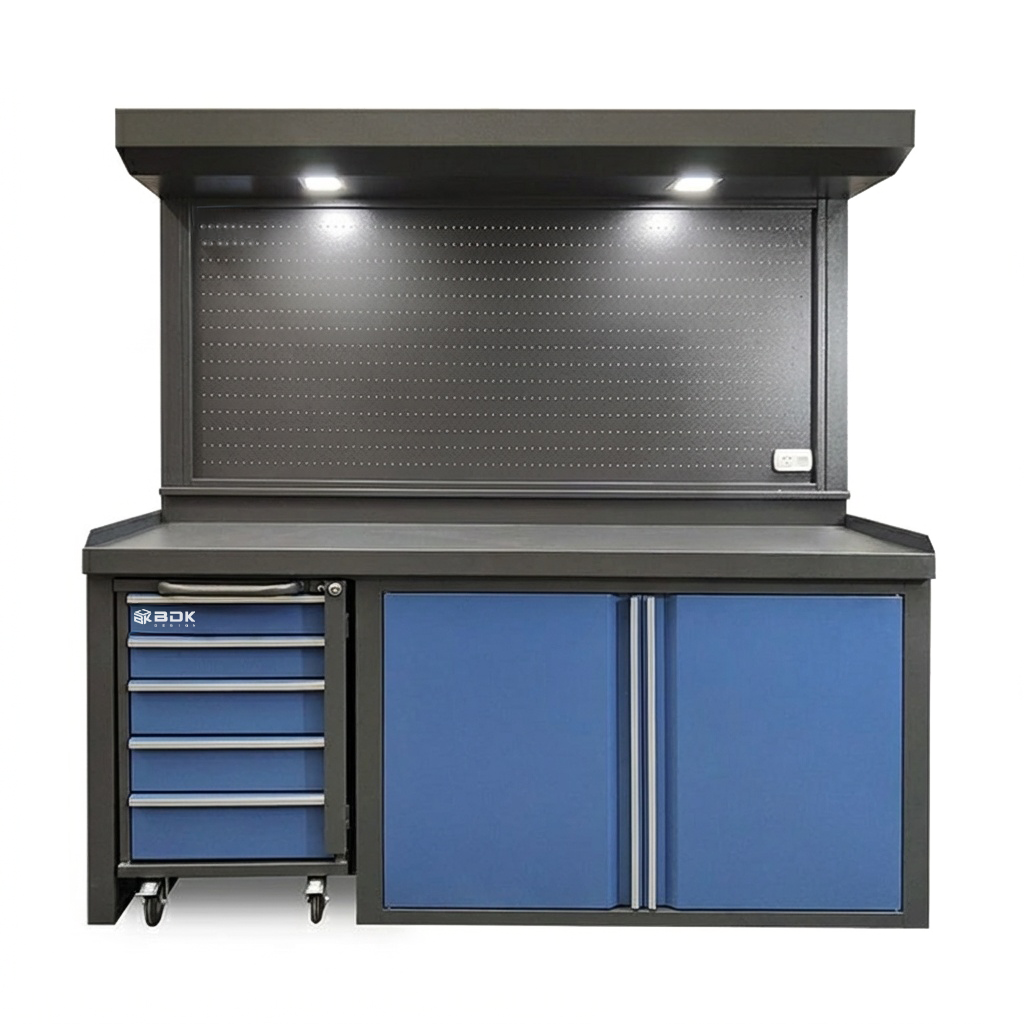 Banco de trabajo de chapa con tablero para herramientas y cajonera movil - Modelo BPF 840 TA - Marca BDKD Design - Color combinado