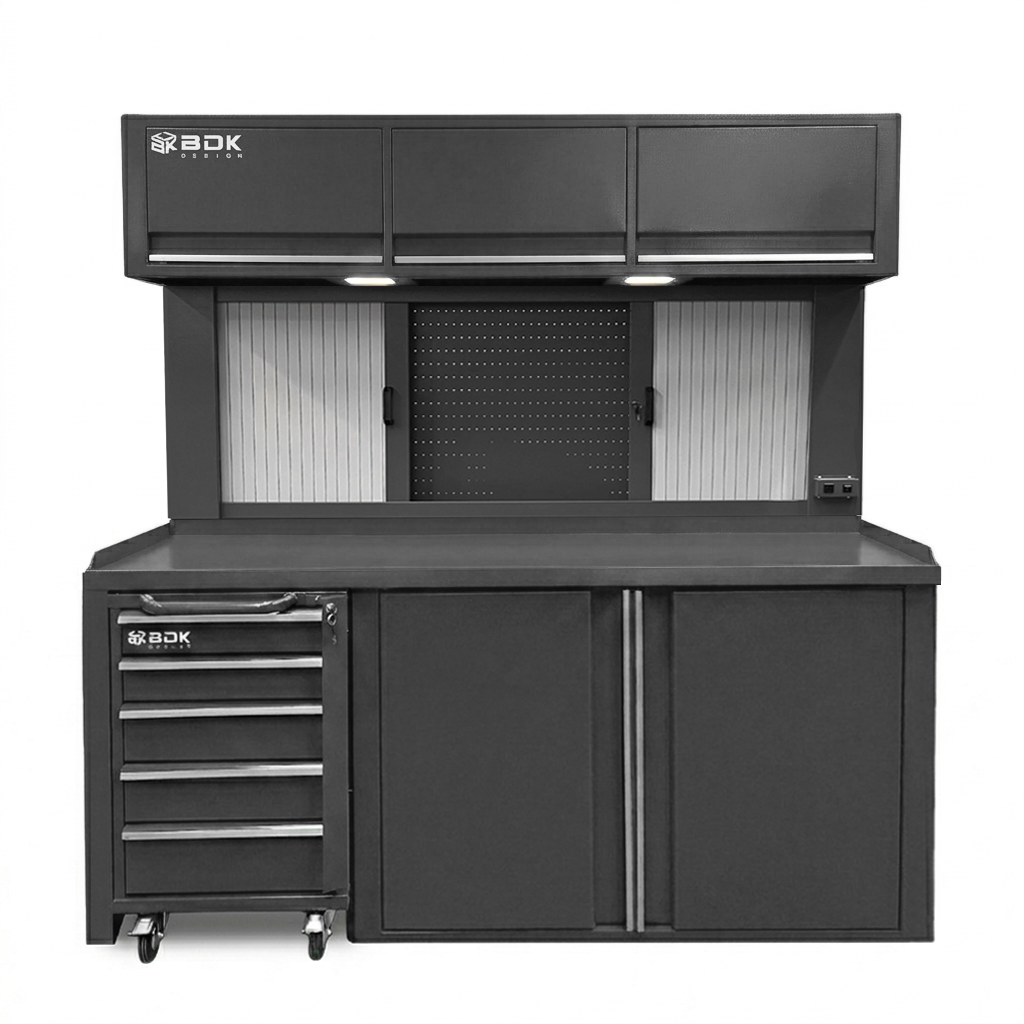 Banco de trabajo de chapa con tablero para herramientas y cajonera movil - Modelo BPF 840 TA - Marca BDKD Design - Color gris medio