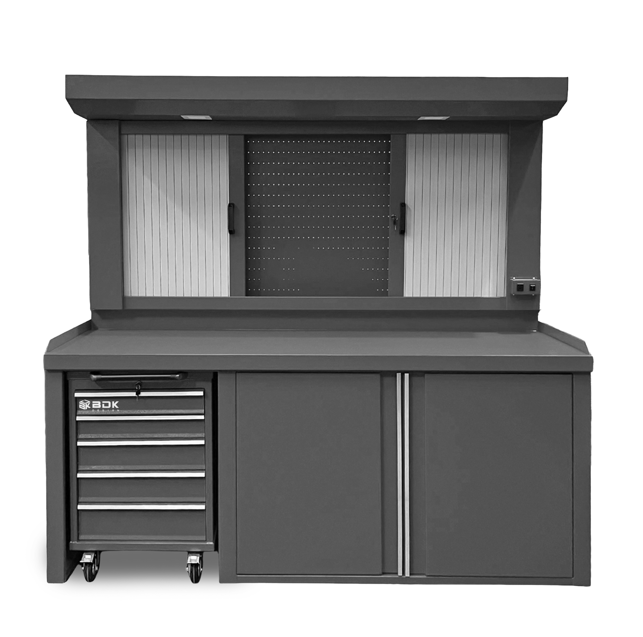 Banco de trabajo de chapa con tablero para herramientas y cajonera movil - Modelo BPF 840 TC - Marca BDKD Design - Color gris medio