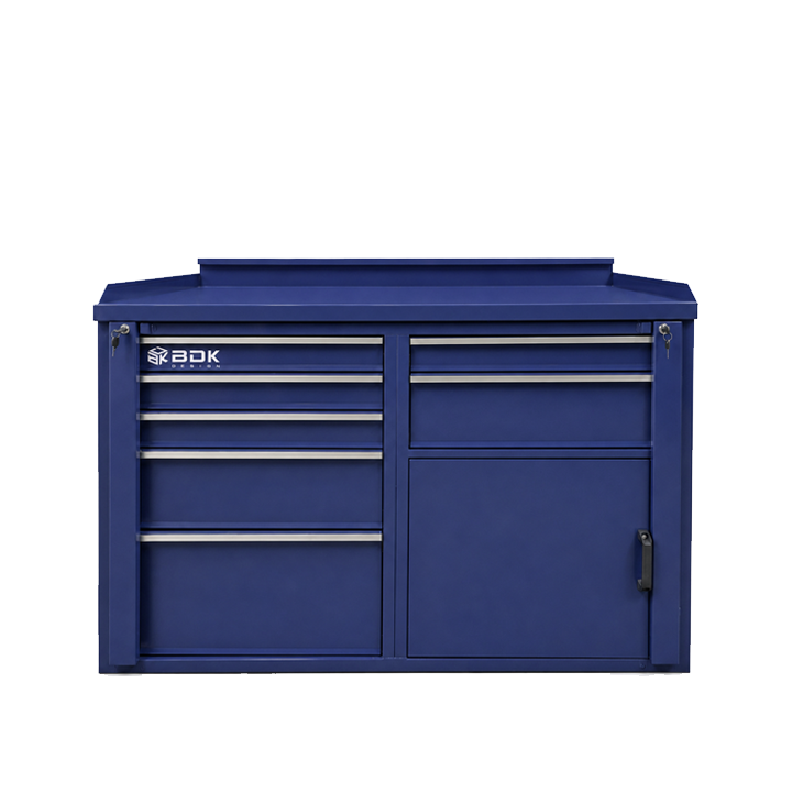 Banco de trabajo metálico de calidad con cajones y puerta. Modelo BTE2550 - Marca BDK Design. Color azul oscuro