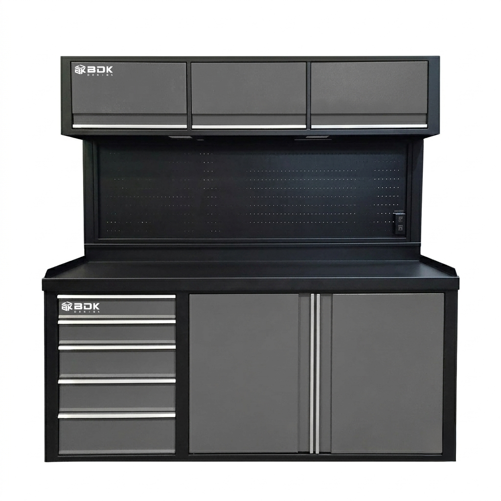 Banco de trabajo metalico resistente con alacenas y cajonera fija. Marca BDK Design. Codigo: BPF 850 CF. Color combinado